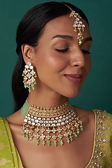 Gold Finish Kundan Polki & Mint Beaded Choker Necklace Set