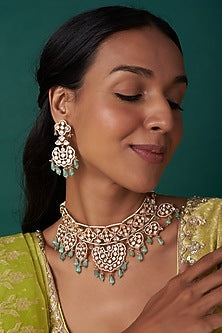 Gold Finish Kundan Polki & Mint Drop Choker Necklace Set