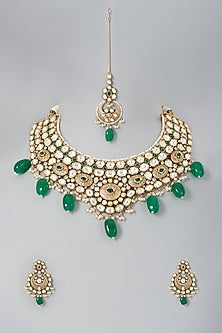 Gold Finish Green Stone & Pearl Necklace Set
