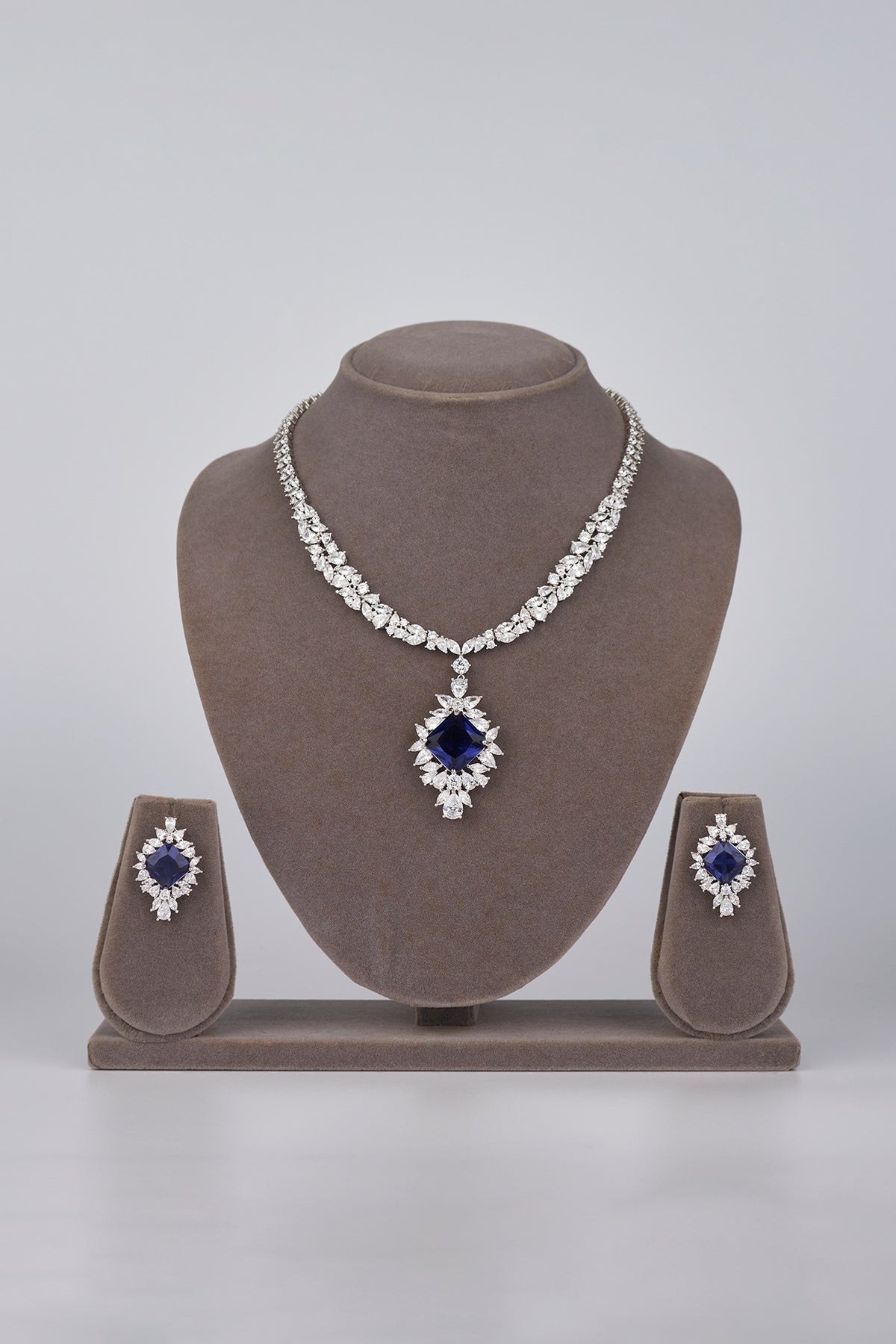 White Electro Rhodium Finish Cubic Zirconia & Blue Stone Necklace Set