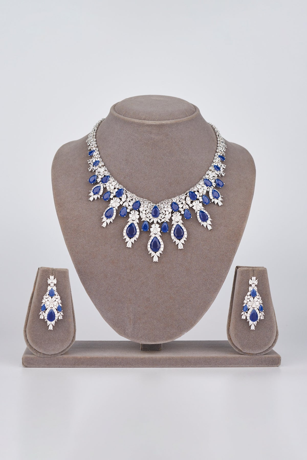 White Electro Rhodium Finish Cubic Zirconia & Blue Stone Necklace Set