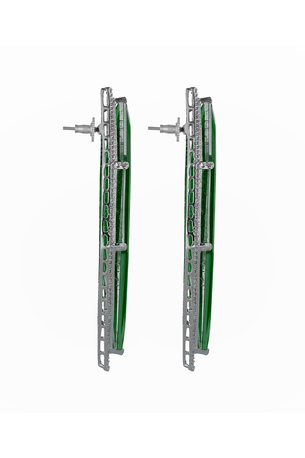 White Finish Cubic Zirconia & Green Semi-Precious Stone Dangler Earrings