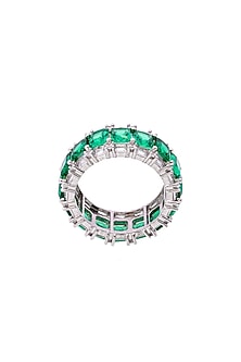 White Electro Rhodium Finish Cubic Zirconia & Green Stone Ring