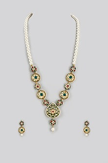 Gold Finish Shell Pearl & Kundan Polki Long Necklace Set