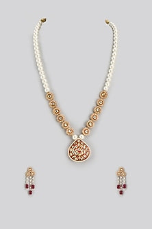 Gold Finish Pearl & Kundan Polki Long Necklace Set
