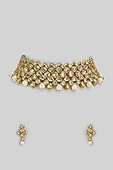 Gold Finish Shell Pearl & Kundan Polki Choker Necklace Set