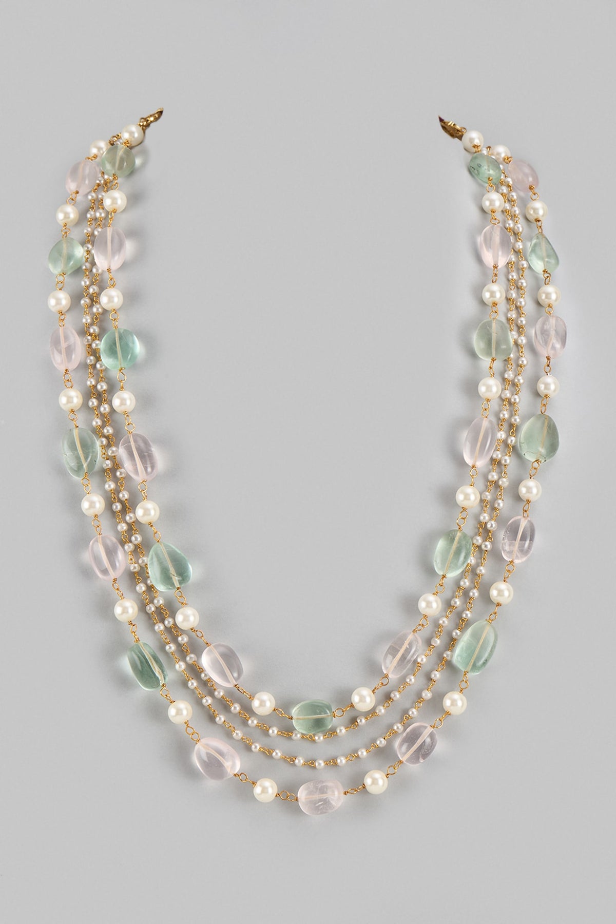 Multi-Colored Rose Quartz & Shell Pearl Long Layered Necklace