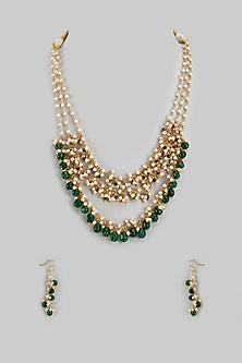 Gold Finish Shell Pearl & Onyx Long Necklace Set