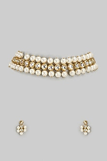 Gold Finish Kundan Polki & Pearl Choker Necklace Set