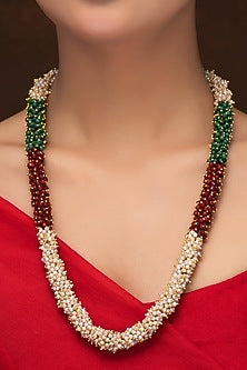 Gold Finish Tri-Colored Pearl Long Necklace