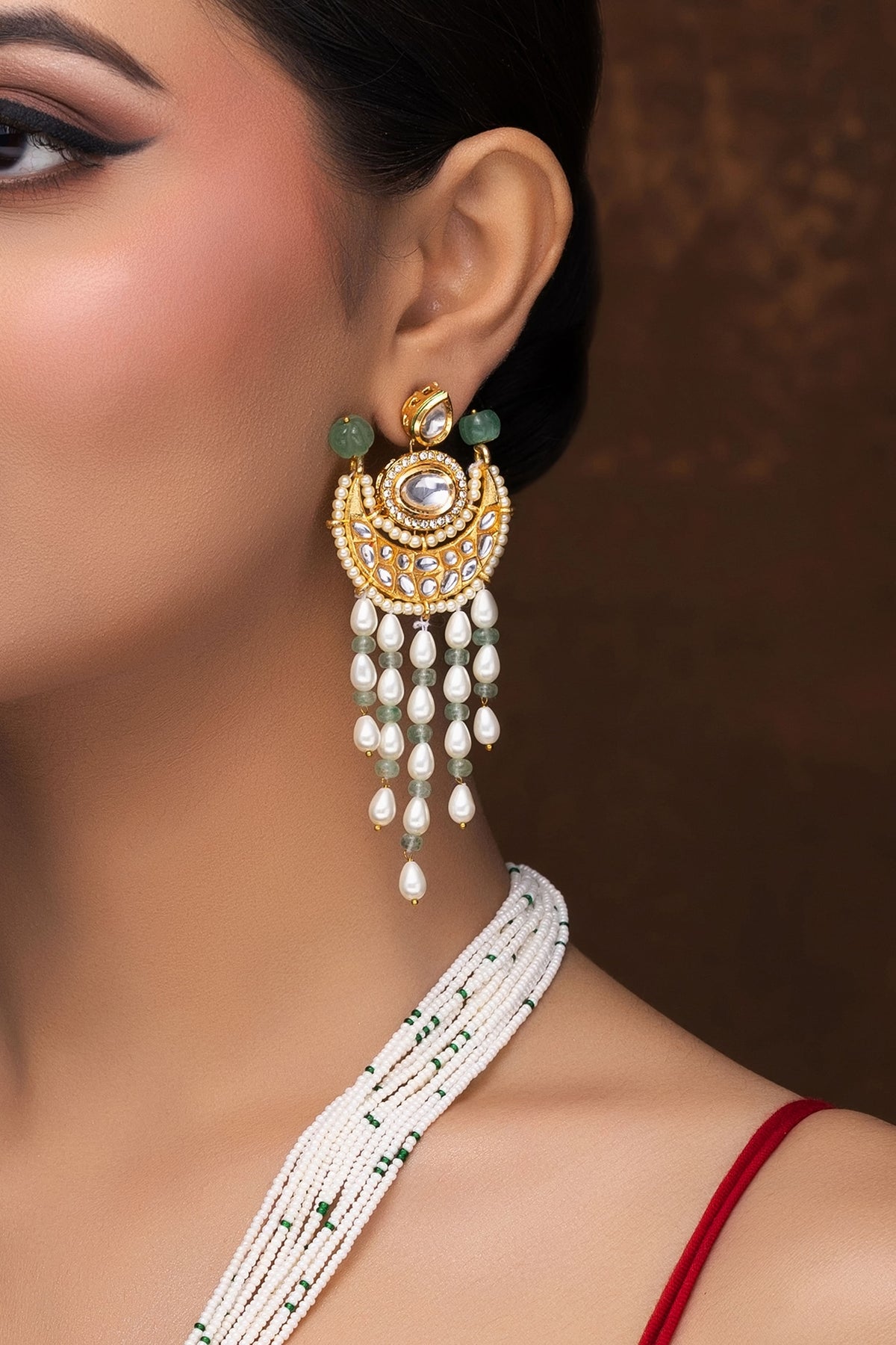 Gold Finish Kundan Polki & Pearl Long Necklace Set