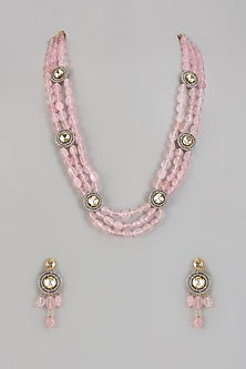 Gold Finish Pink Kundan Polki & Rose Quartz Stone Long Necklace Set