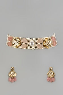 Gold Finish Kundan Polki & Shell Pearl Choker Necklace Set