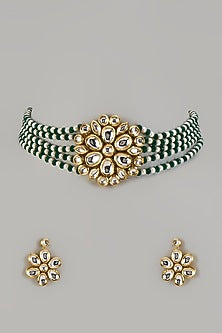 Gold Finish Kundan Polki & Green Quartz Stone Choker Necklace Set