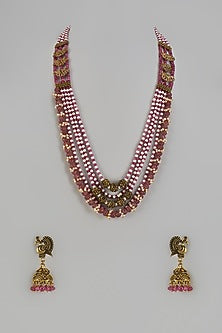 Gold Finish Red Semi-Precious Quartz Stone Temple Long Necklace Set