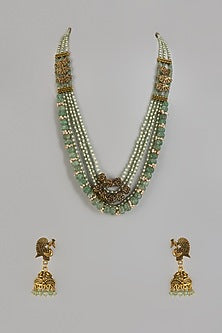 Gold Finish Green Semi-Precious Quartz Stone Temple Long Necklace Set