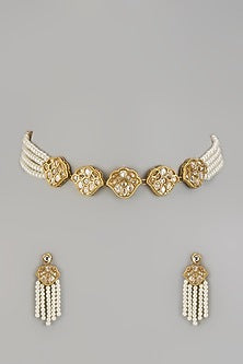 Gold Finish Kundan Polki & Pearl Choker Necklace Set