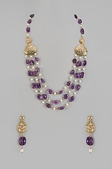 Gold Finish Kundan Polki & Amethyst Beaded Long Necklace Set