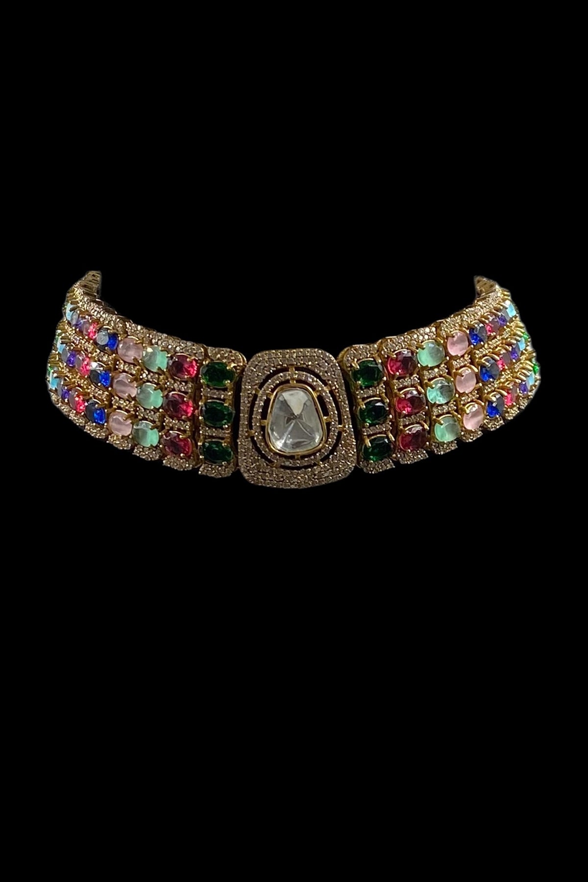 Gold Finish Multi-Colored Kundan Polki Choker Necklace Set