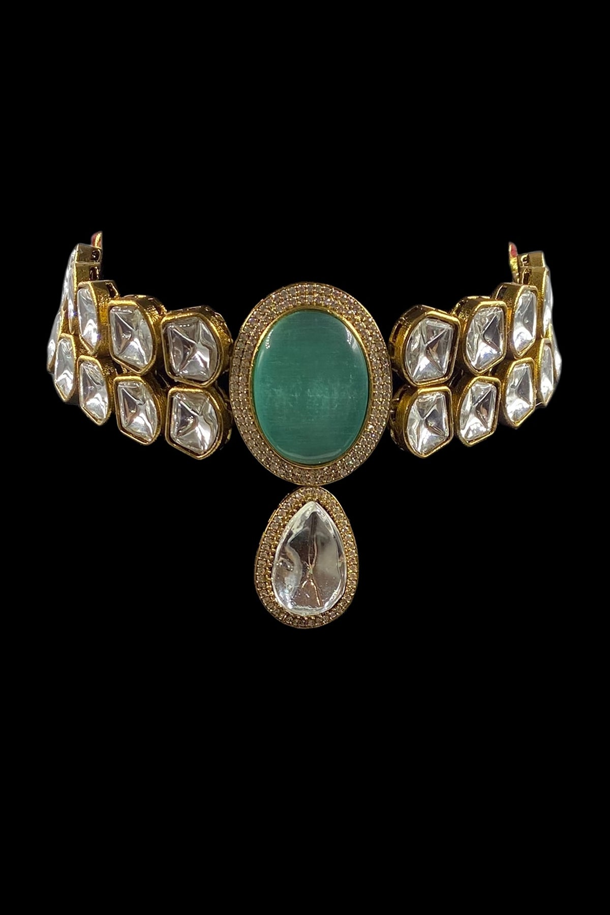 Gold Finish Mint Green Kundan Polki Choker Necklace Set