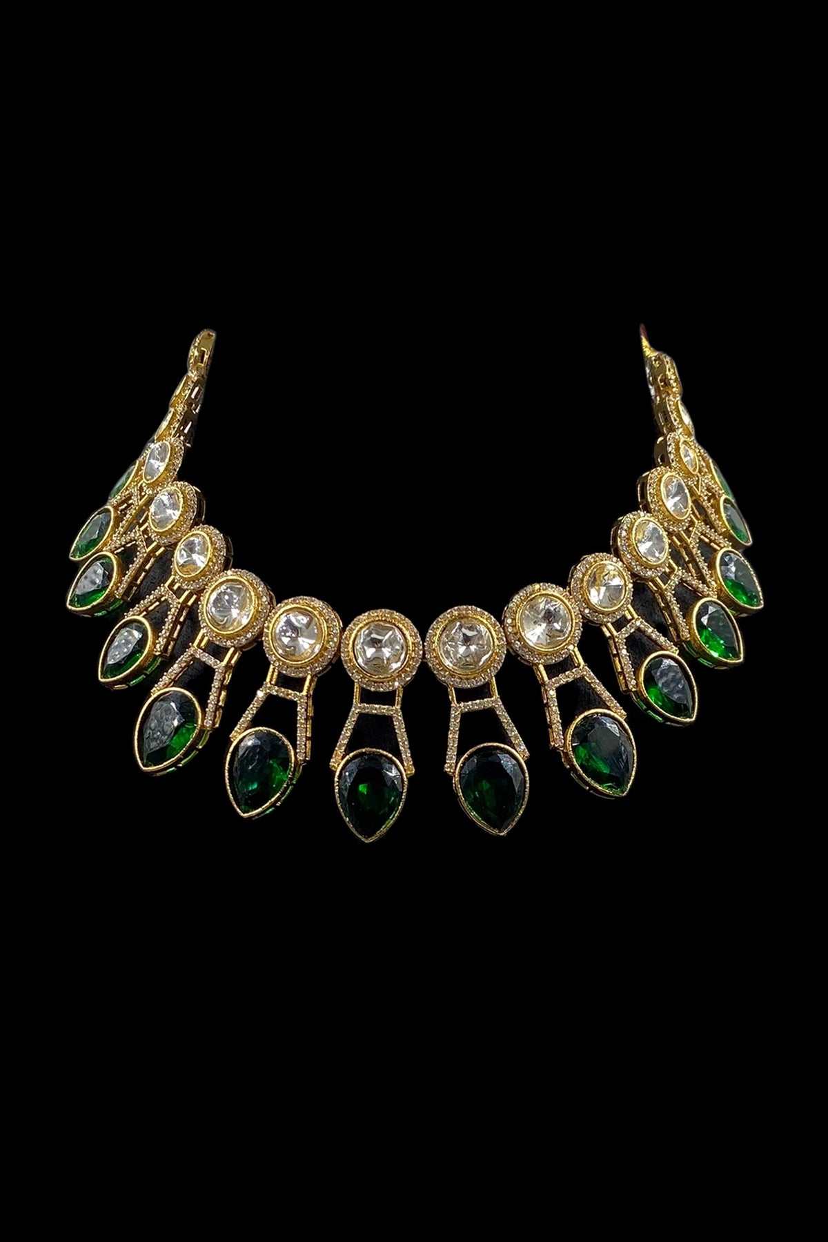 Gold Finish Green Kundan Polki Choker Necklace Set