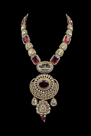 Gold Finish Red Kundan Polki Long Necklace Set