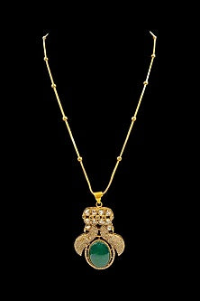 Gold Finish Green Kundan Polki Chain Pendant Necklace Set