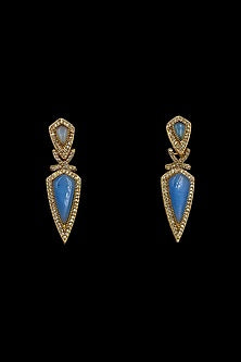 Gold Finish Kundan Polki & Blue Stone Dangler Earrings