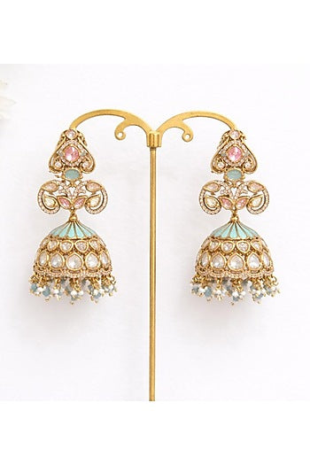 Gold Finish Moissanite Polki & Rose Quartz Enameled Jhumka Earrings