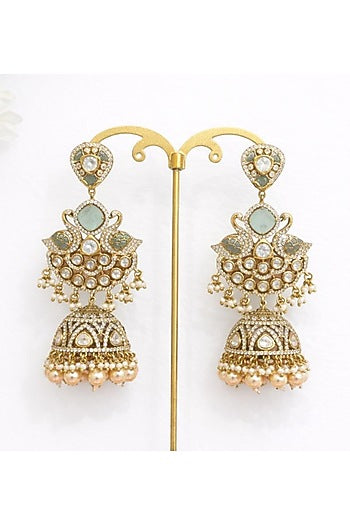 Gold Finish Moissanite Polki & Mint Green Stone Jhumka Earrings