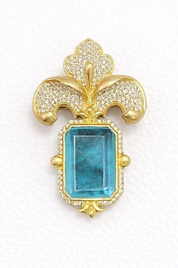 Gold Finish Aqua Blue Doublet & CZ Stone Orchid Petal Brooch