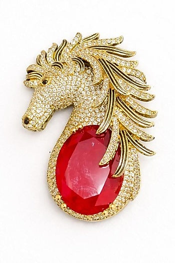 Gold Finish Ruby Doublet & CZ Stone Horse Brooch