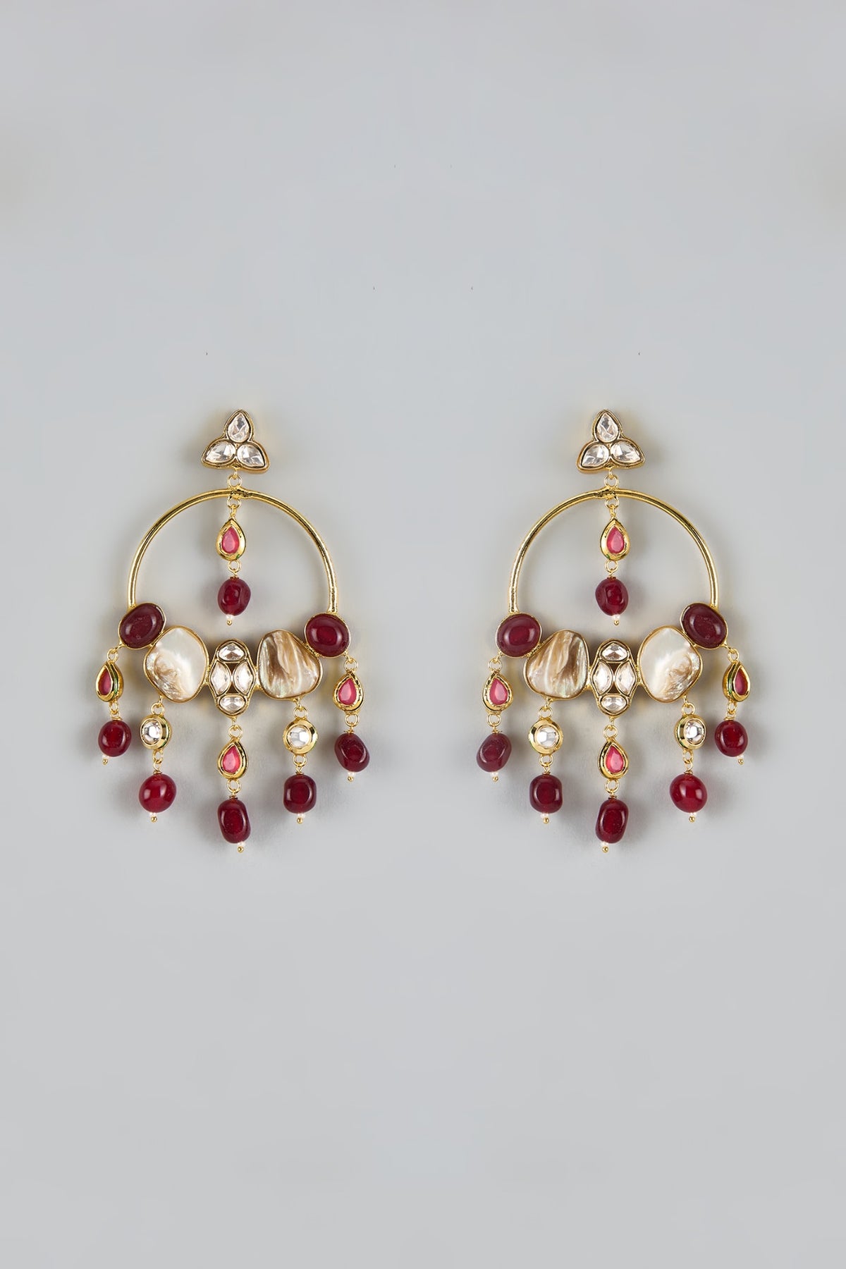 Gold Finish Kundan Polki & Ruby Beaded Chandbali Earrings
