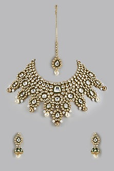 Gold Finish Kundan Polki & Green Onyx Meenakari Choker Necklace Set