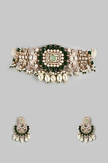 Gold Finish Kundan Polki & Emerald Stone Choker Necklace Set