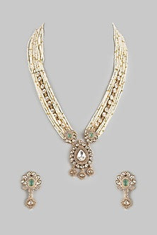 Gold Finish Kundan Polki & Pearl Beaded Long Necklace Set