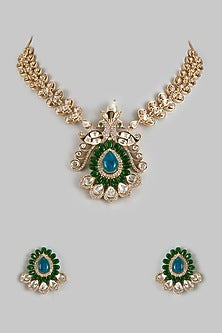 Gold Finish Moissanite & Emerald Cabochon Stone Handcrafted Necklace Set