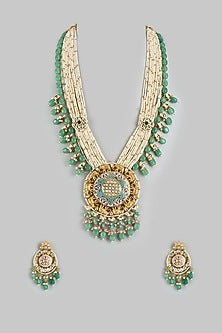 Gold Finish Moissanite & Emerald Cabochon Stone Handcrafted Long Necklace Set