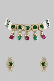 Gold Finish Emerald Doublet & CZ Stone Choker Necklace Set