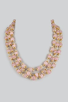 Gold Finish Rose Stone & Beaded Layered Necklace