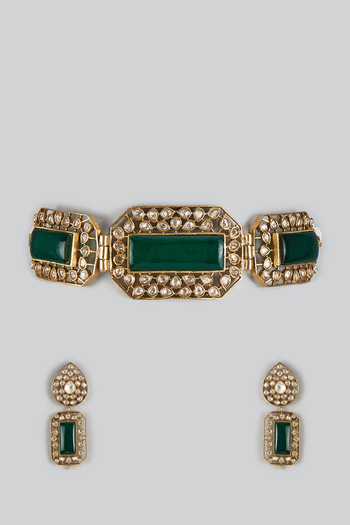 Gold Finish Kundan Polki & Emerald Stone Choker Necklace Set