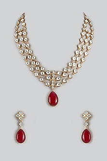 Gold Finish Moissanite Polki & Ruby Cabochon Layered Necklace Set