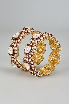 Gold Finish Paachi Kundan Polki Meenakari Bangles (Set of 2)