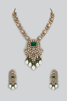 Gold Finish Moissanite Polki & Emerald Doublet Stone Long Necklace Set