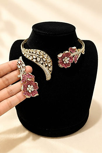 Gold Finish Moissanite & Ruby Choker Necklace Set