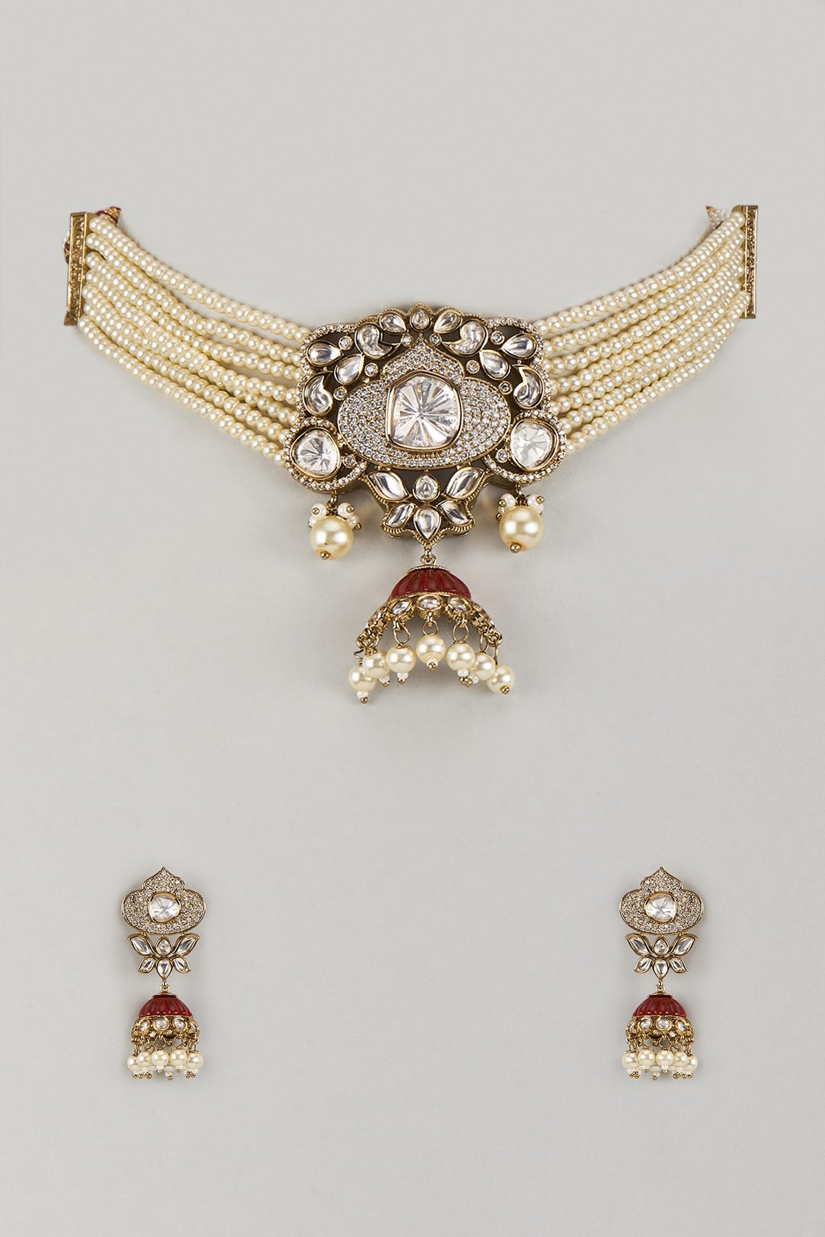 Gold Finish Uncut Kundan Polki & Pearl Red Enameled Choker Necklace Set