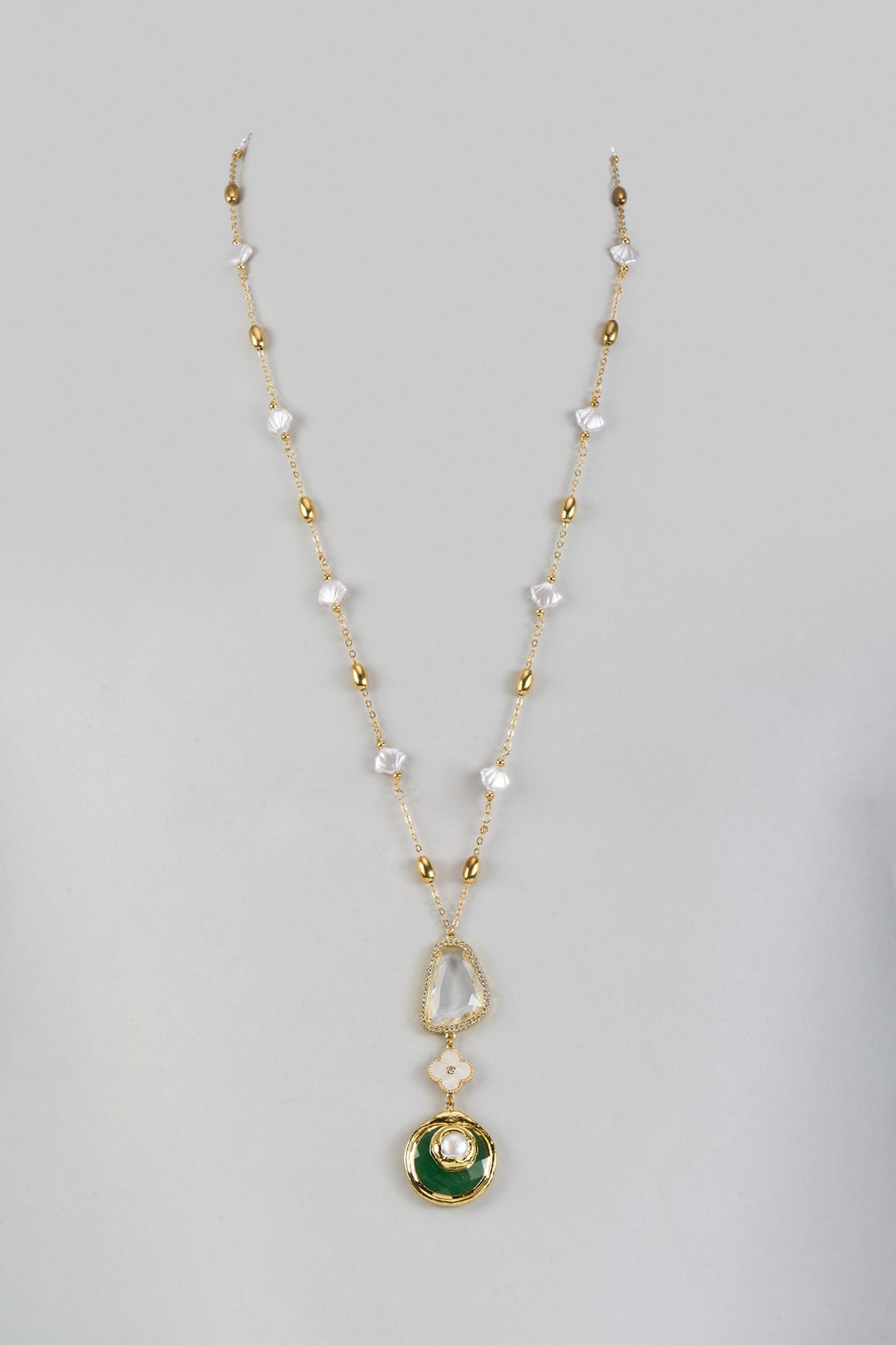 Gold Finish Freshwater Pearl Green Enameled Long Pendant Necklace