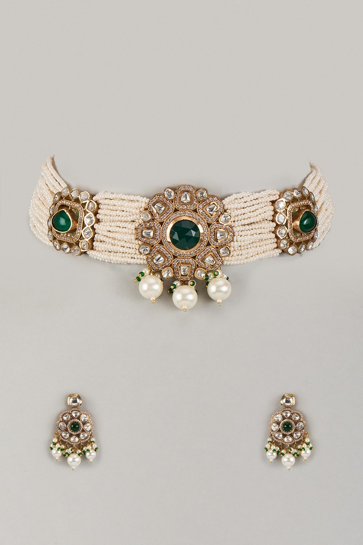 Gold Finish Moissanite Polki & Green Stone Choker Necklace Set