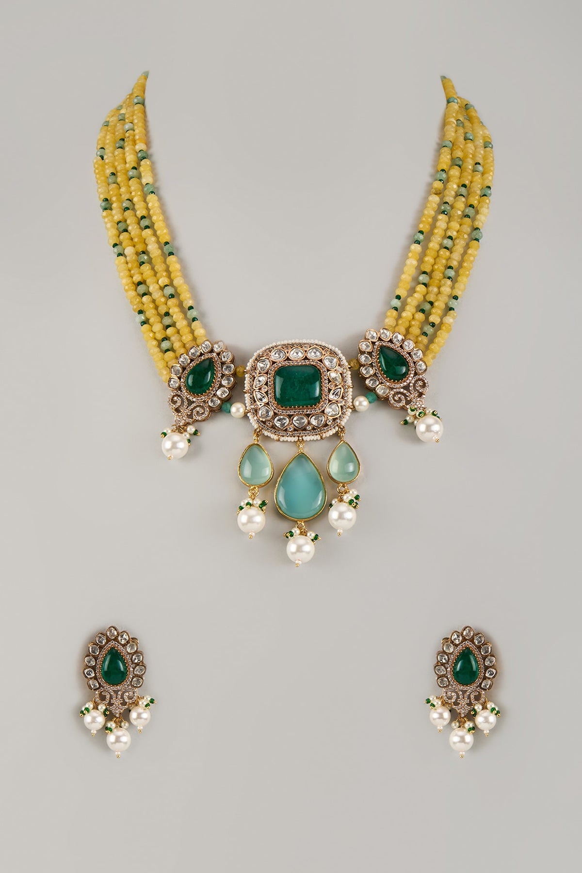 Gold Finish Kundan Polki & Yellow Beaded Long Necklace Set