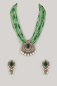 Two Tone Finish Emerald Agate Beaded & Uncut Kundan Polki Long Necklace Set